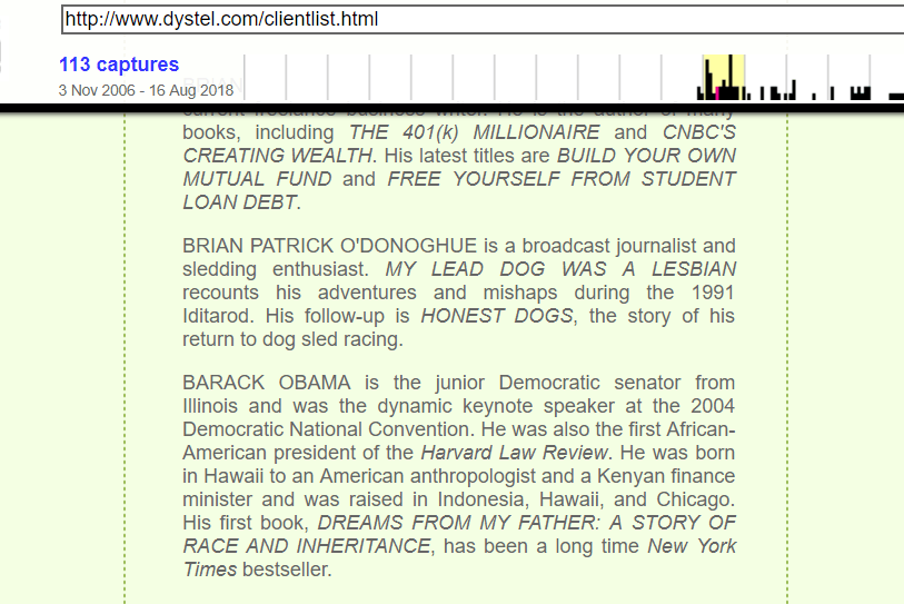 Obama's bio on his publisher's website on April 21, 2007.