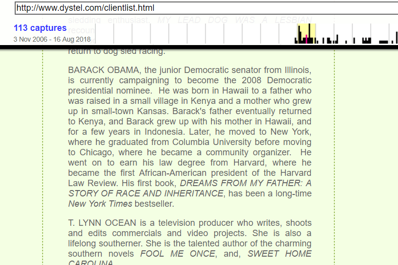 Obama's bio on his publisher's website on June 14, 2007.
